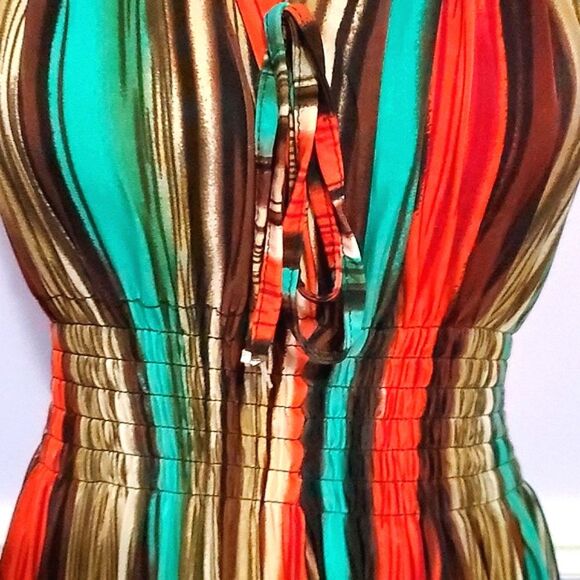 India Batik Colorful Striped High Neck Smocking Waist Jersey Maxi Dress - Picture 5 of 9